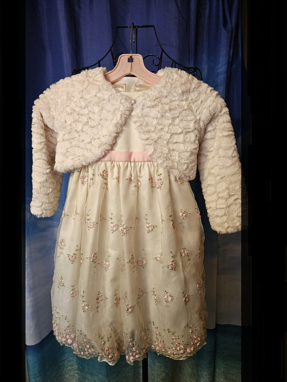 Cinderella Ivory Satin Dress and Soft Cream Faux Fur Set
